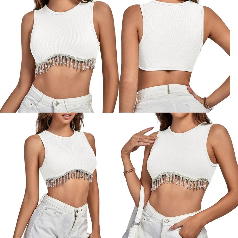 Zara Tank Crop‎ Top Womens XS White Ribbed Rhinestone String Sleeveless Clubwear